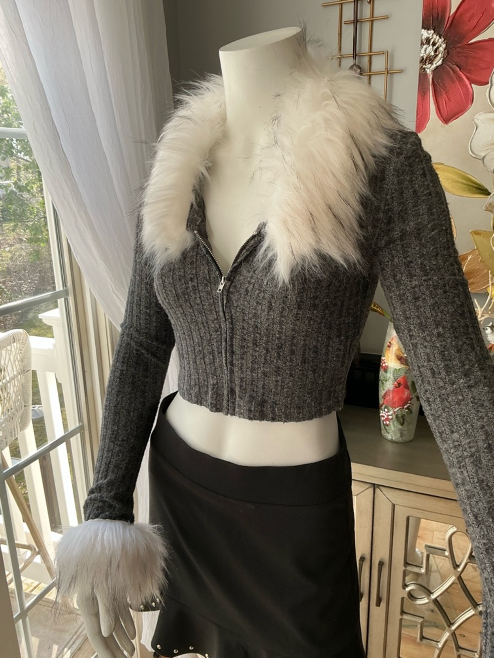 Cropped Gray and White Faux Fur Detail Zip Front Whimsigoth Sexy Flirty SHEIN XS